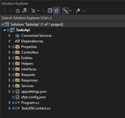 TasksApi Solution Explorer in VS2022